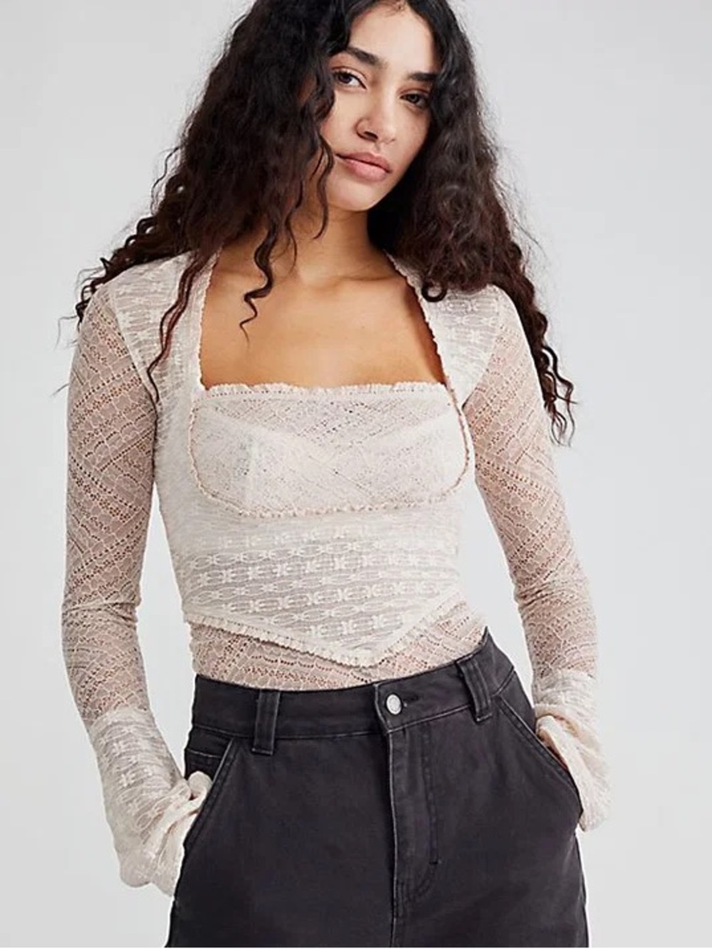 FREE PEOPLE My Party Sheer Lace Long-Sleeve Top NWT Salt
